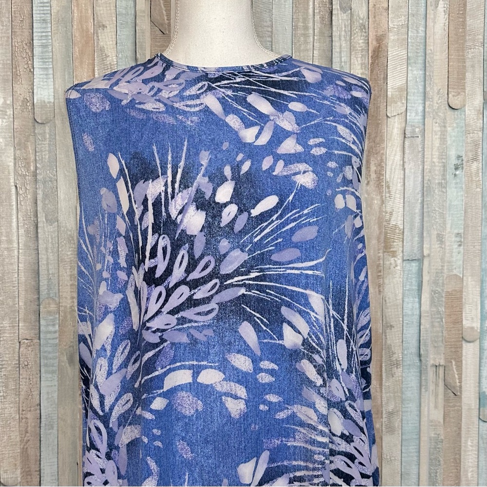 Clara Sun Woo XL Blue Artsy Botanical Print Asymmetric Jersey Tunic Top Tank - Picture 3 of 7